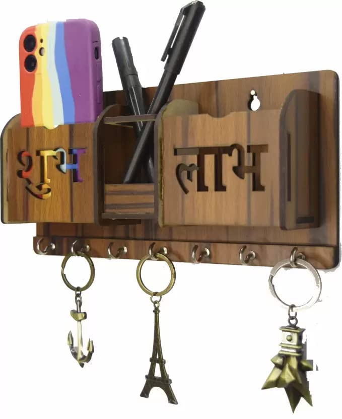 WEBLOT Shubh Laabh Designer Wooden Key Holder with Two Mobile Pocket and Pen Holder Wood for Home Wall Office Hall Living Room Bedroom 7 Hooks Brown - Image 2