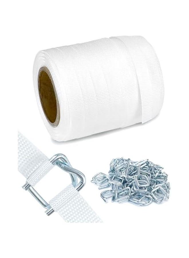 Arabest 3/4 x 250' Woven Cord Strapping Roll with 50 Pcs 3/4 Metal Buckles, Heavy Duty Polyethylene Braided Rope Strap Roll, 2400 lb Strong Break Strength 6 x 3 Core, White  - Image 1