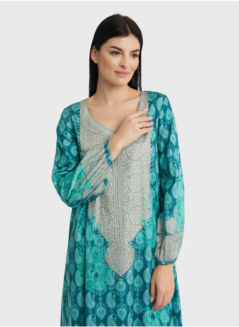 KASHKHA Paisley Print Stone Work Jalabiya