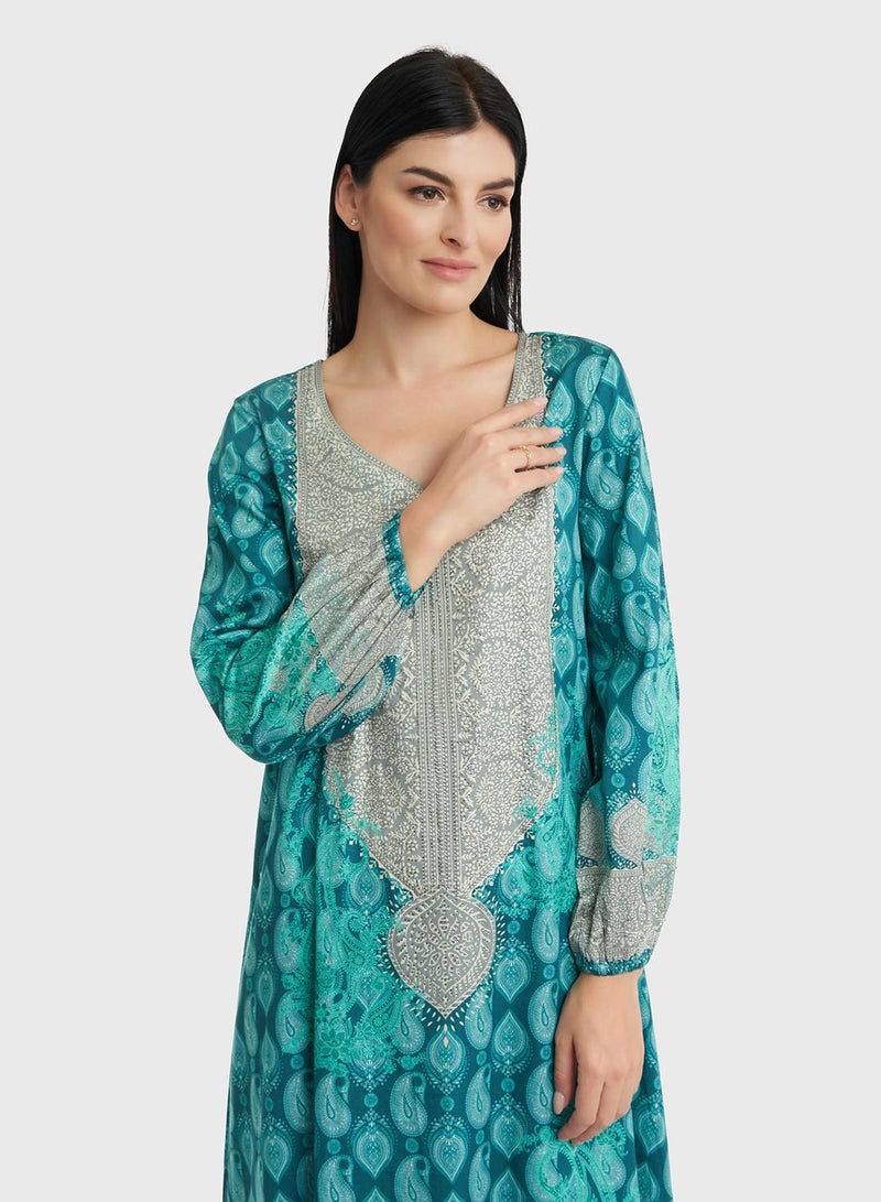 KASHKHA Paisley Print Stone Work Jalabiya - Image 1