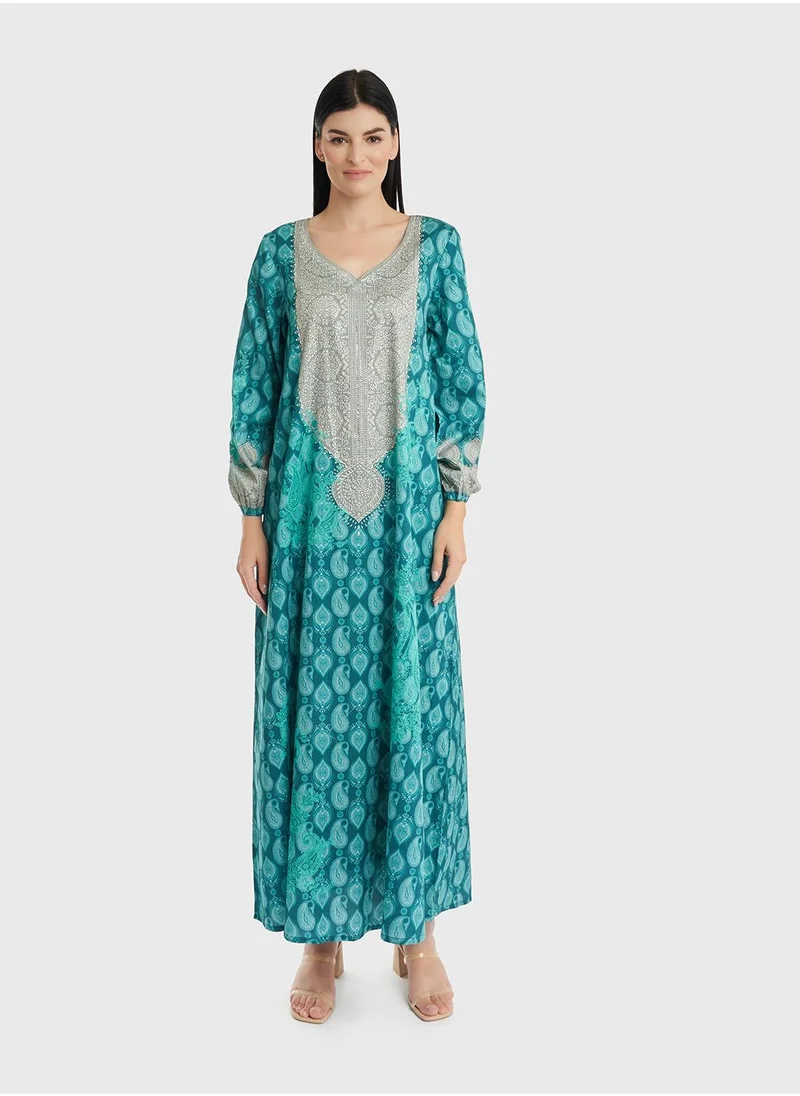 KASHKHA Paisley Print Stone Work Jalabiya