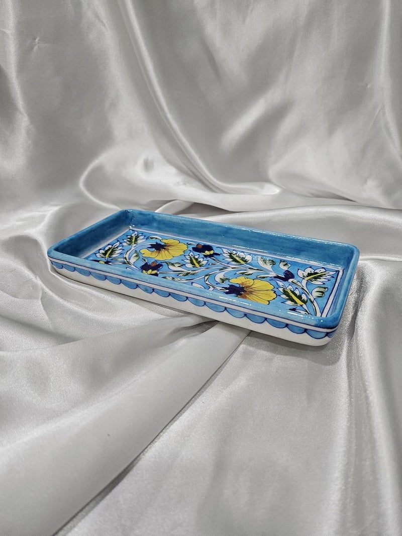 Tradition Treasure Azure and Sunburst Serving Platters Handpainted Ceramic Serving Dinner Plate Set of 2  Sky Blue  Yellow Rectangle Trays for Main Meals Tacos Lunches Snacks Platters85 x 5 - Image 2