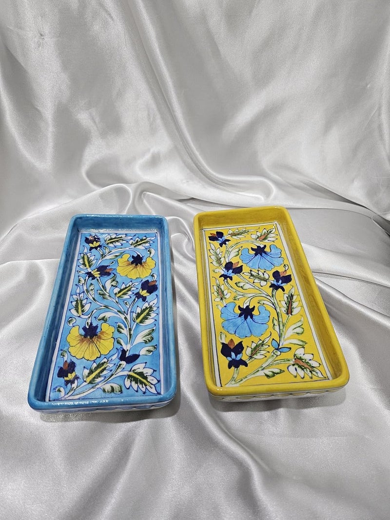 Tradition Treasure Azure and Sunburst Serving Platters Handpainted Ceramic Serving Dinner Plate Set of 2  Sky Blue  Yellow Rectangle Trays for Main Meals Tacos Lunches Snacks Platters85 x 5 - Image 1