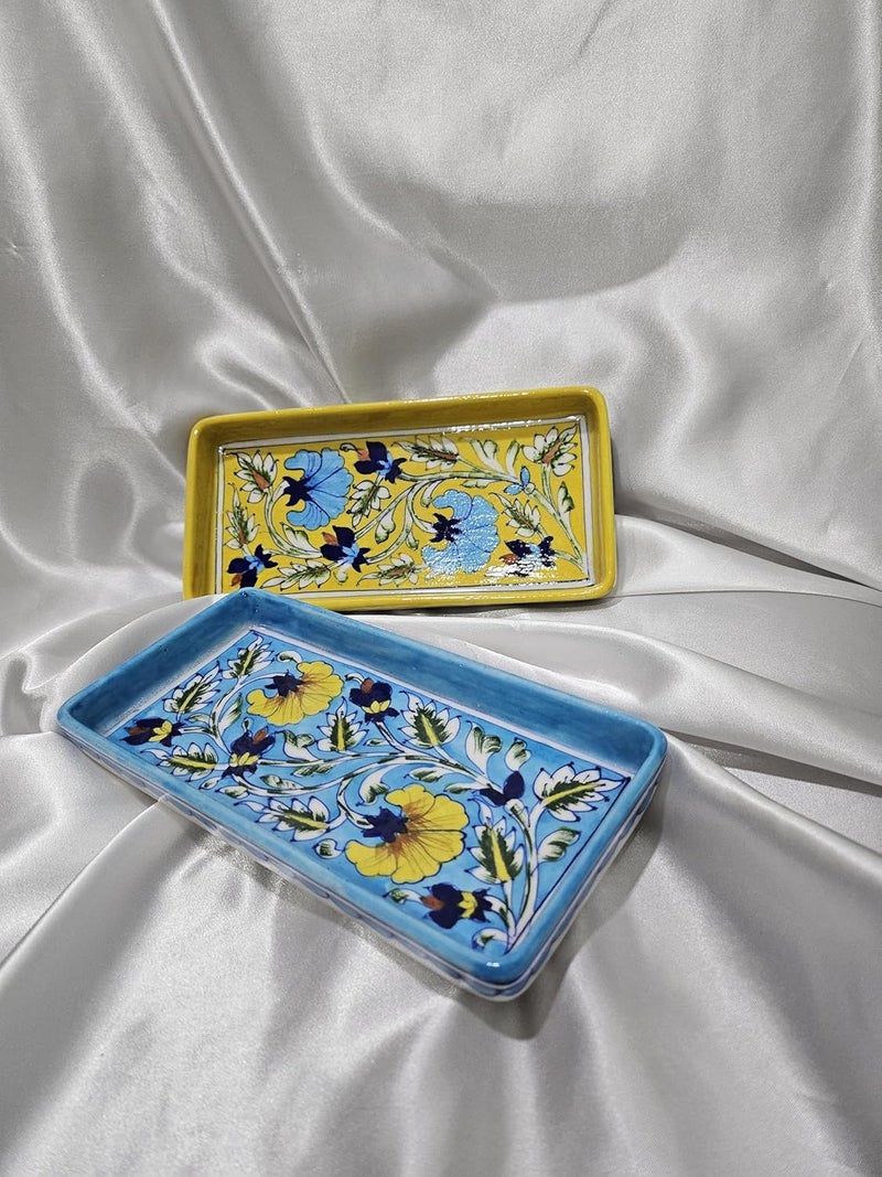 Tradition Treasure Azure and Sunburst Serving Platters Handpainted Ceramic Serving Dinner Plate Set of 2  Sky Blue  Yellow Rectangle Trays for Main Meals Tacos Lunches Snacks Platters85 x 5 - Image 4