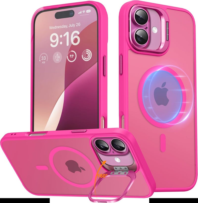 Elzzi Polycarbonate Kickstand Compatible with Mag Safe Case for iPhone 16 Plus, Built-in Adjustable Camera Stand, Translucent Matte Magnetic Mag-Safe Shockproof Case Phone Cover (Hot Pink) - Image 1