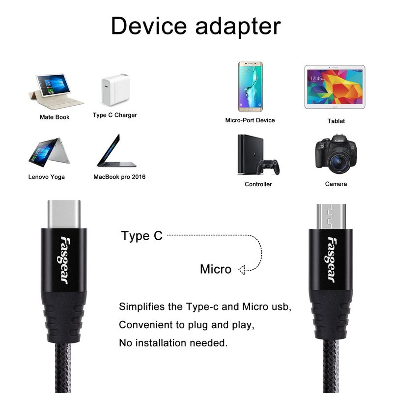 فاسجير كابل من USB-C إلى Micro USB بطول 1 متر، كابل مضفر من النايلون من النوع C إلى Micro USB متوافق مع Galaxy S7/S6 وHTC One/10 والمزيد (أسود، 3 أقدام) - Image 2