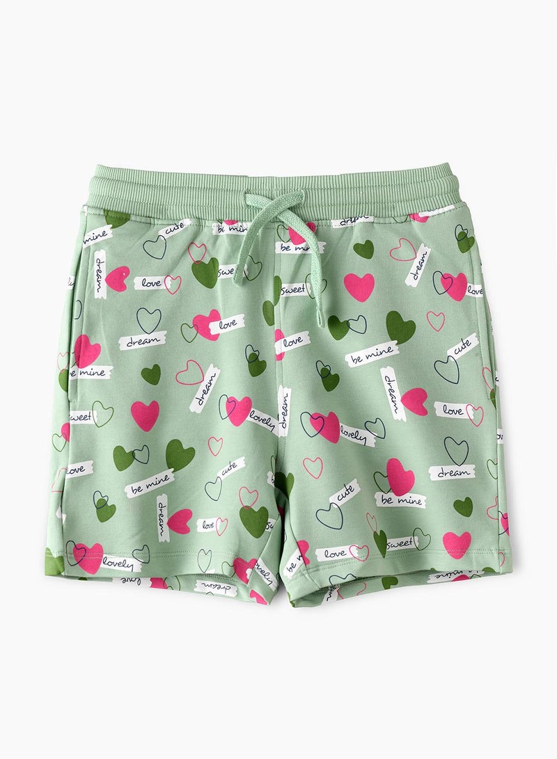 babyqlo Love Hearts All Over Print Shorts with Drawstring - Green - Image 2