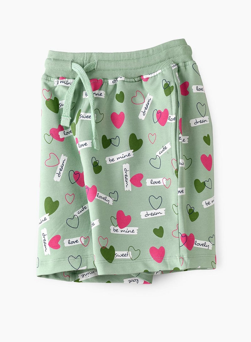 babyqlo Love Hearts All Over Print Shorts with Drawstring - Green - Image 4