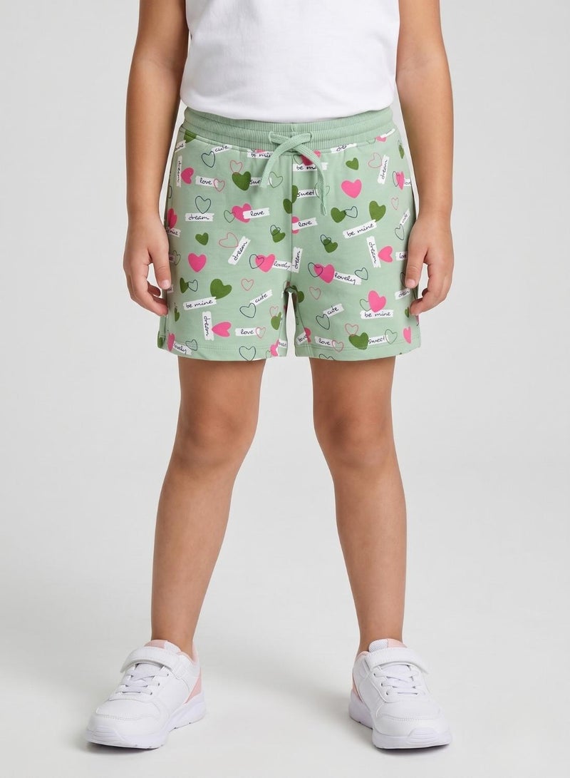 babyqlo Love Hearts All Over Print Shorts with Drawstring - Green - Image 1