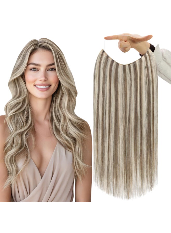 Fshine Wire Hair Extensions 20 Inch Color 8 Ash Brown Highlight 60 Blonde Hidden Wire Hair Extensions Invisible Layered Hairpiece 86 G Straight Real Human Hair for Women - Image 2