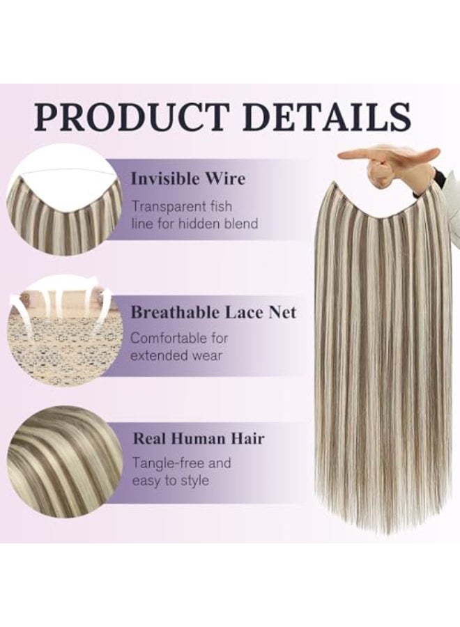 Fshine Wire Hair Extensions 20 Inch Color 8 Ash Brown Highlight 60 Blonde Hidden Wire Hair Extensions Invisible Layered Hairpiece 86 G Straight Real Human Hair for Women - Image 3