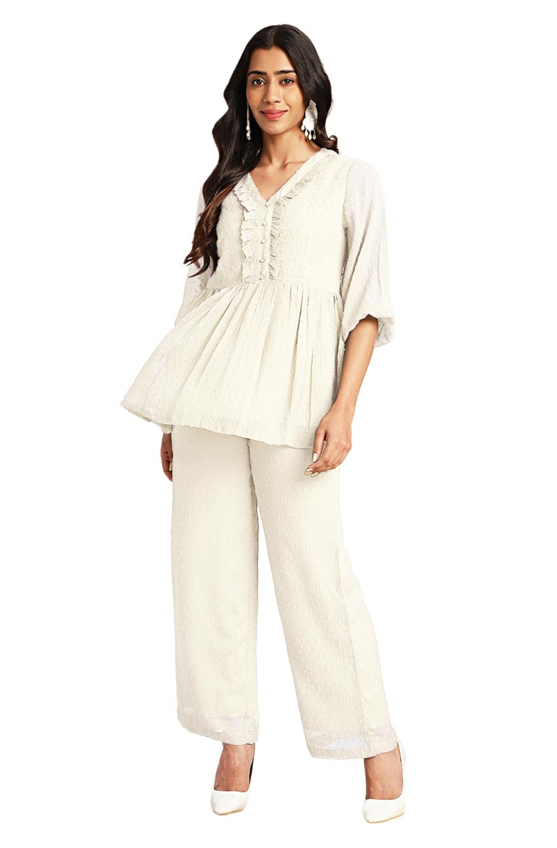 Janasya Women Off White Dobby Chiffon Top & Pant Set with Self Design Print Outfit for Women - Image 1
