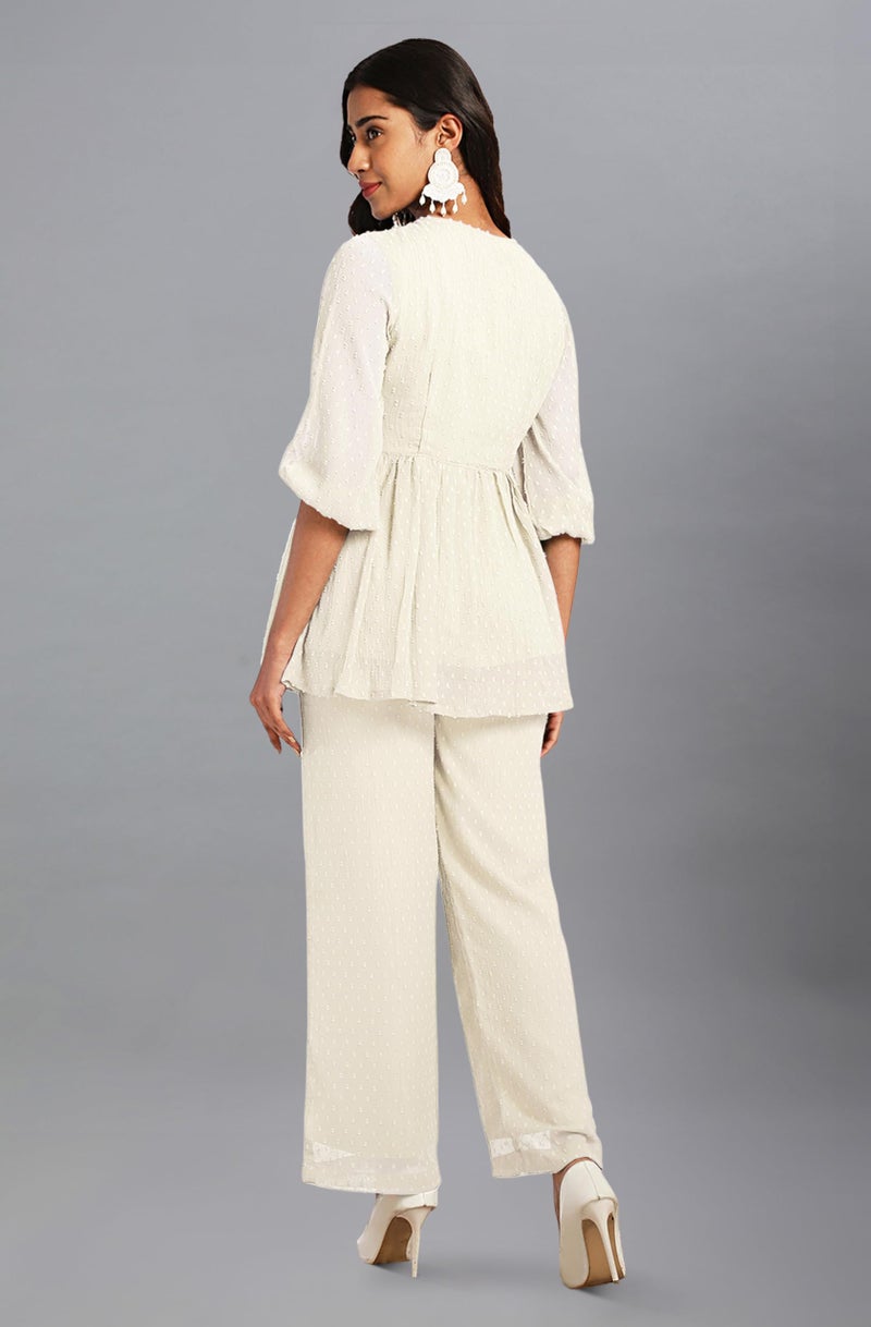 Janasya Women Off White Dobby Chiffon Top & Pant Set with Self Design Print Outfit for Women - Image 5