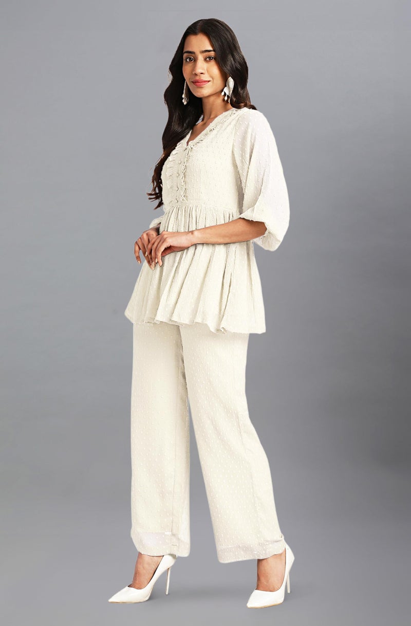 Janasya Women Off White Dobby Chiffon Top & Pant Set with Self Design Print Outfit for Women - Image 4