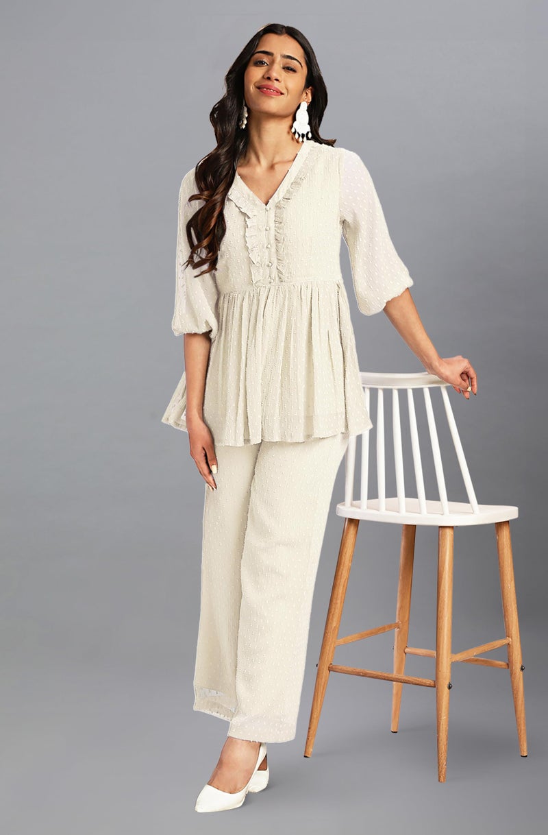 Janasya Women Off White Dobby Chiffon Top & Pant Set with Self Design Print Outfit for Women - Image 2