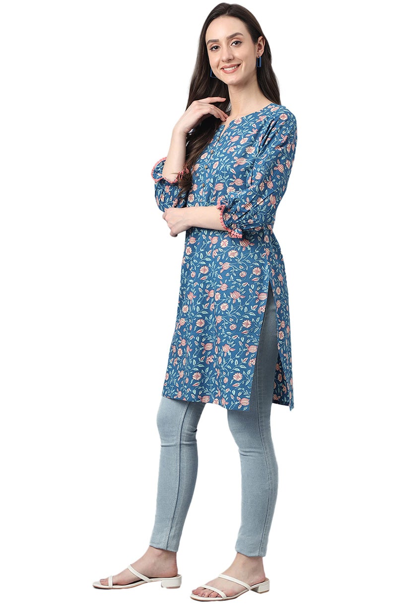 Janasya Women's Blue Cotton Floral Print Regular Tunic(JNE4101-TU-L) - Image 4