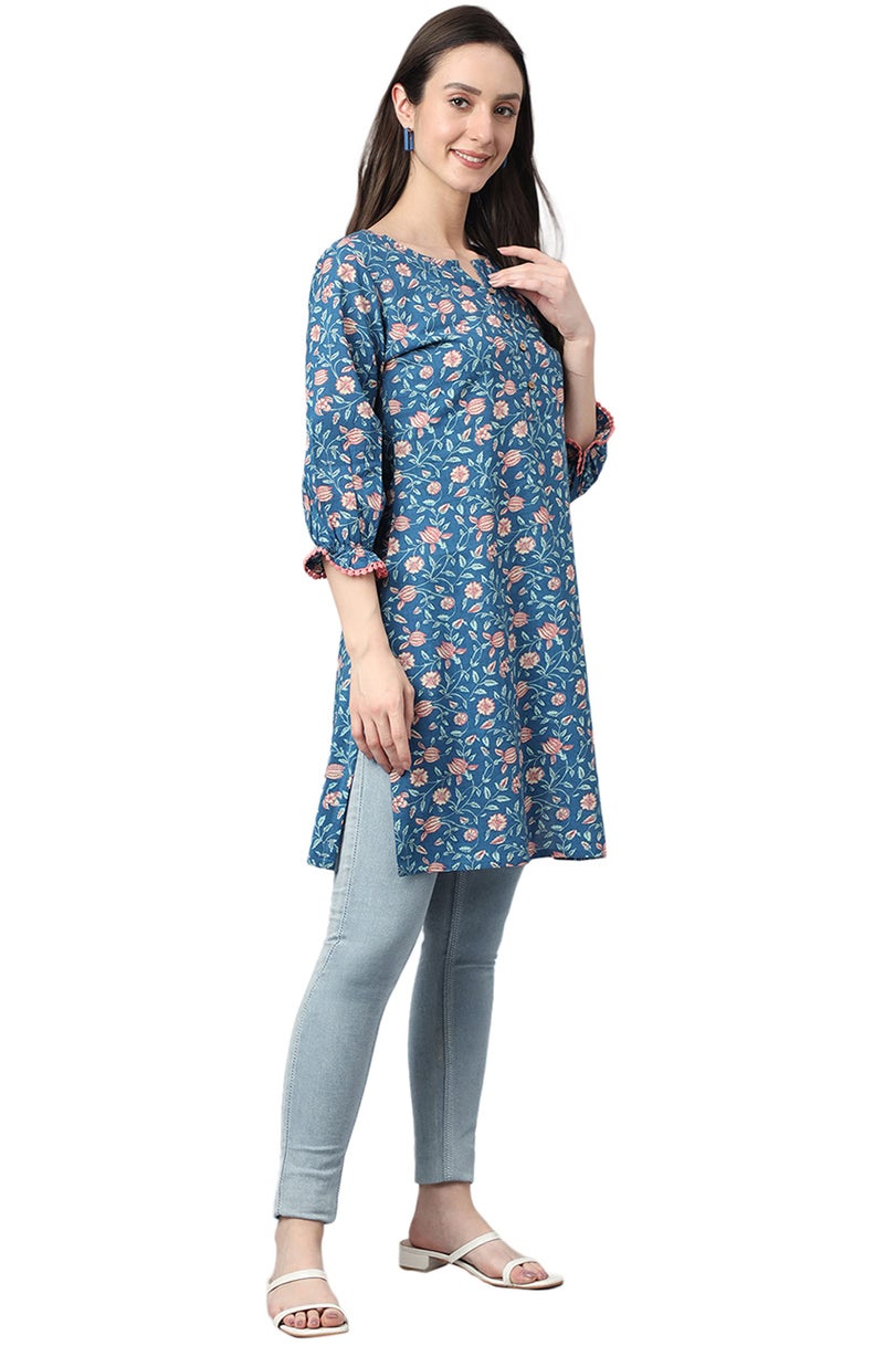 Janasya Women's Blue Cotton Floral Print Regular Tunic(JNE4101-TU-L) - Image 5