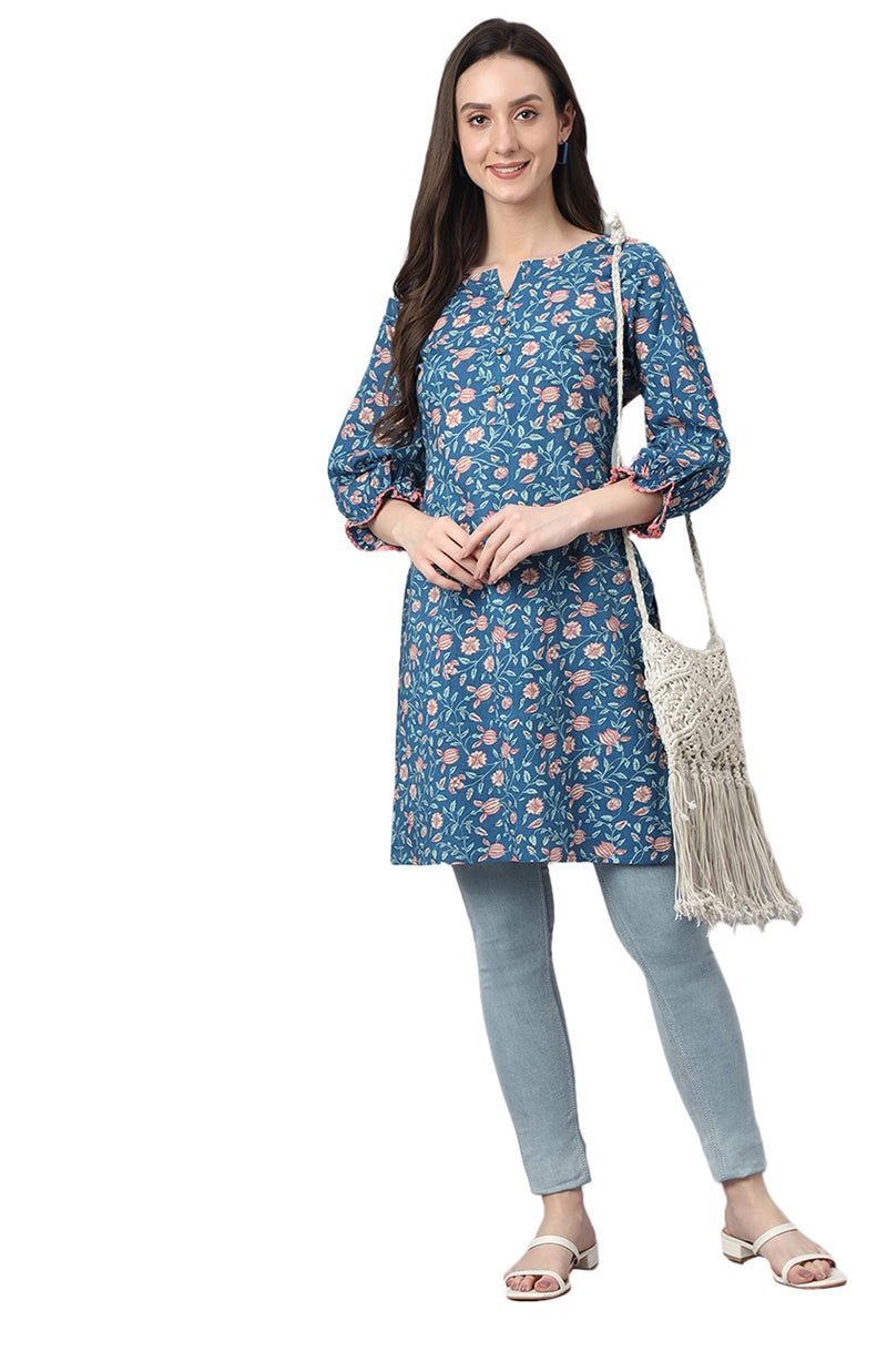 Janasya Women's Blue Cotton Floral Print Regular Tunic(JNE4101-TU-L) - Image 2