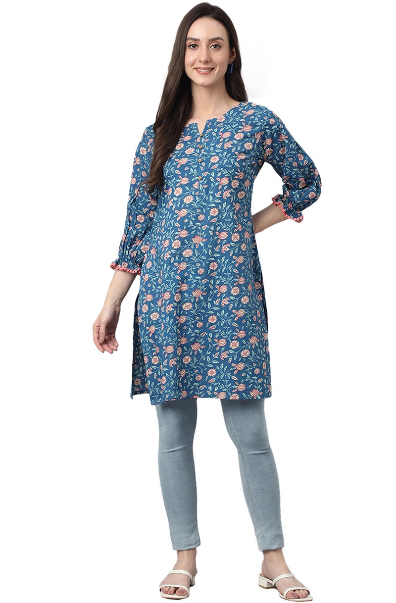 Janasya Women's Blue Cotton Floral Print Regular Tunic(JNE4101-TU-L) - Image 3