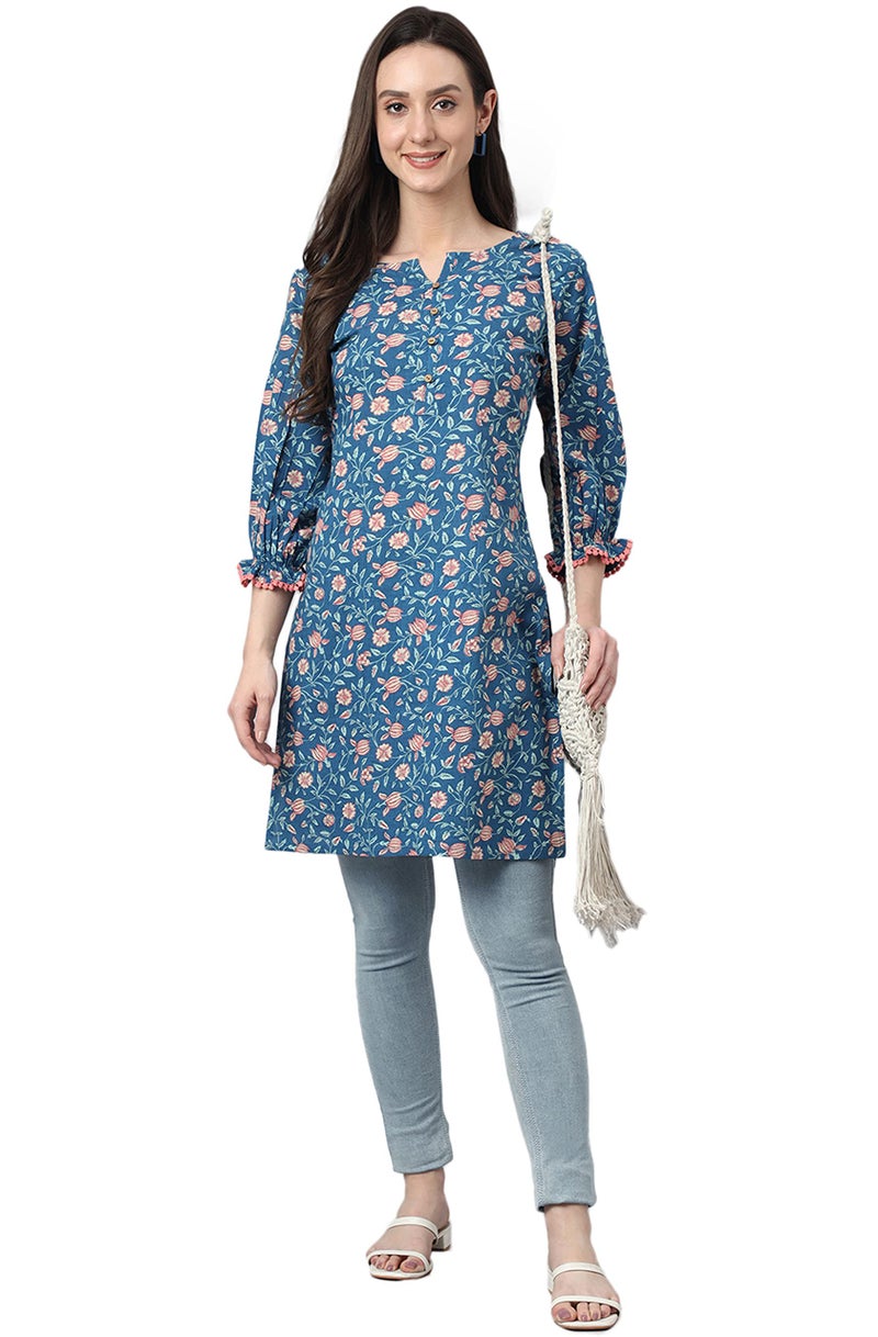 Janasya Women's Blue Cotton Floral Print Regular Tunic(JNE4101-TU-L) - Image 1
