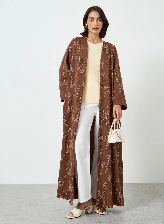 Brown Floral Print Front Open Abaya