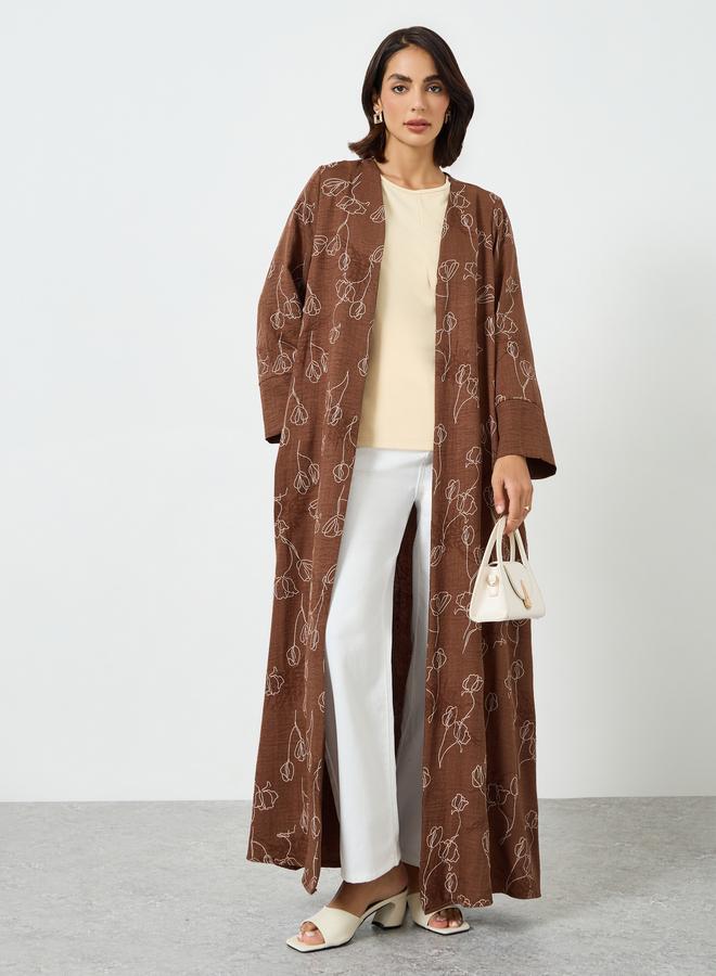 Amirah Brown Floral Print Front Open Abaya - Image 1