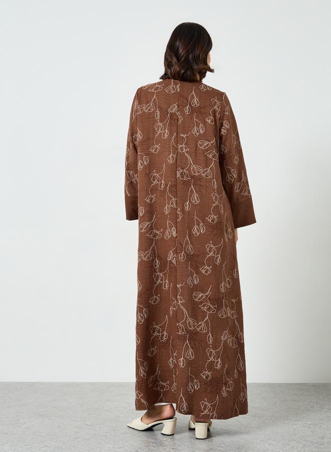 Amirah Brown Floral Print Front Open Abaya - Image 3