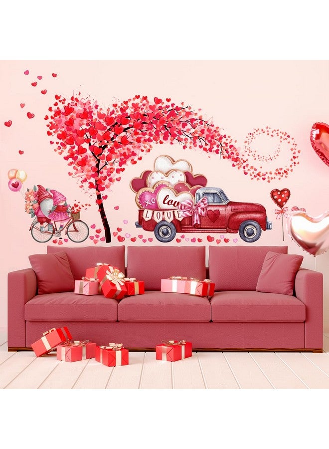 LRKNNO Valentine's Day Wall Decals Stickers 2 Sheets Heart Tree Gnome Red Truck Wall Stickers Removable Valentines Stickers Heart Wall Decor Love Car Decal for Anniversary Valentines Day Living Room Decor - Image 1