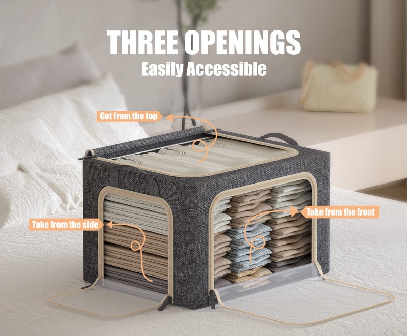 Furnhome 3 Opeings Large Clothes Storage Bins with Metal Frame, Foldable Storage Bin for Clothes, Clothing Storage Bins with Lid, Linen Storage Box With Clear Windowï¼† Zippersï¼† Handles.(3 Pcs,Dark Grey,66L) - Image 3