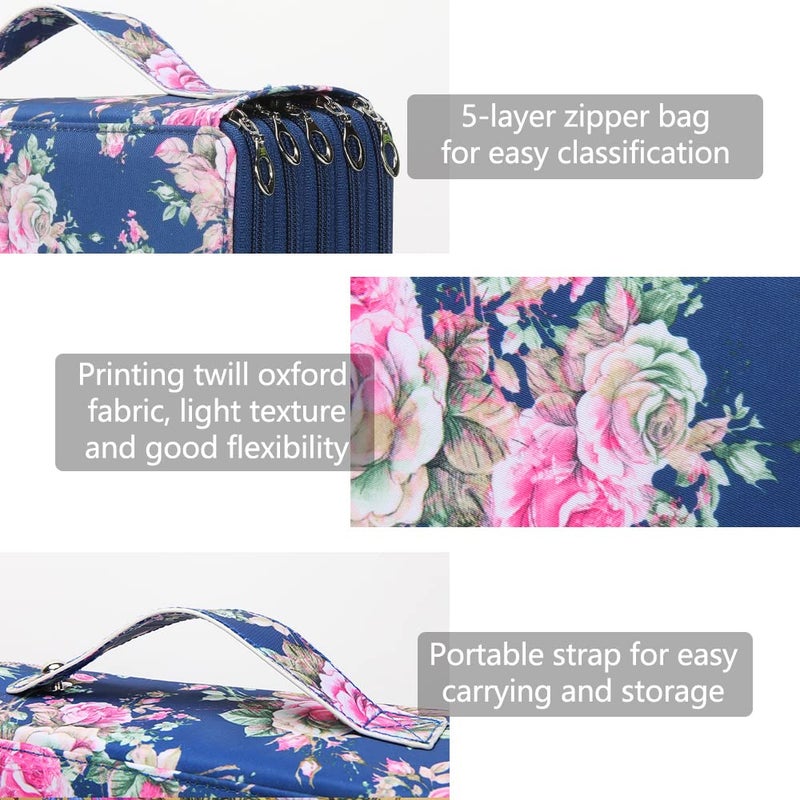 Vomgomfom Colored Pencil Case - 200 Slot Pencil Holder with Zipper Closure, Twill Fabric Large Capacity Pencil Case for Watercolor Pens or Markers, Artist Organizer (Blue Rose) - Image 3