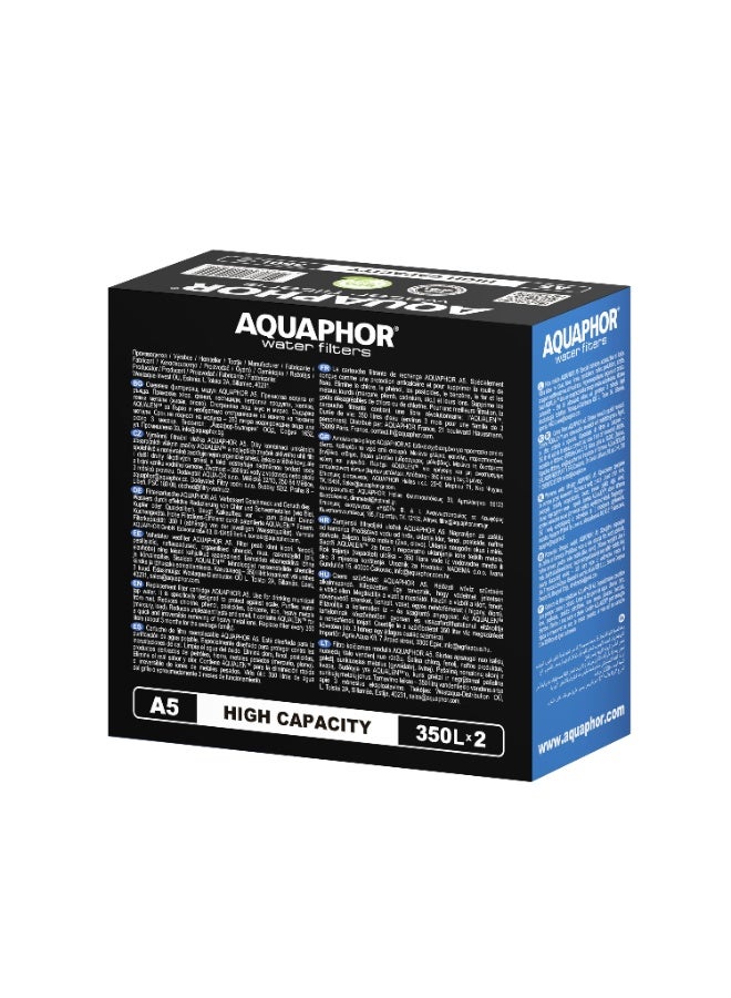 Aquaphor Set of Replacement Water Filter Cartridges A5, 2PCS, 350L Long-Lasting Capacity, Removes Chlorine, Sediment, Heavy Metals, Pesticides & Contaminants, Compatible with B5 Filter Jugs - Image 2