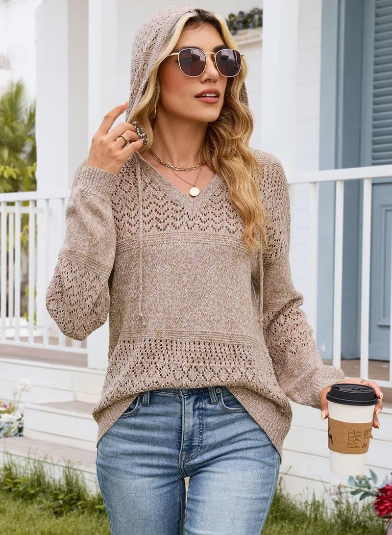 FEKOAFE Women's 2026 Lightweight Solid Color V Neck Hooded Sweaters Long Sleeve Knit Pullover Hollow Out Sweatshirt Khaki M - Image 4