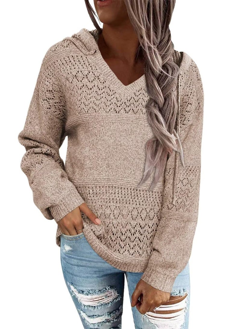 FEKOAFE Women's 2026 Lightweight Solid Color V Neck Hooded Sweaters Long Sleeve Knit Pullover Hollow Out Sweatshirt Khaki M - Image 1