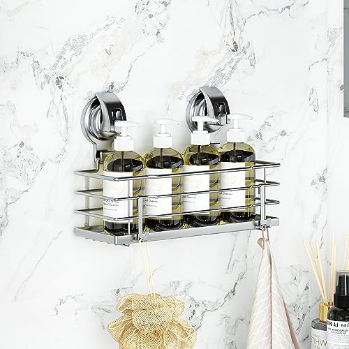 TESOT Suction Cup Shower Caddy, Shower Shelf Soap Dish with Hooks for Razor, Sponge, Rust Proof 304 Stainless Steel, Silver - Image 2