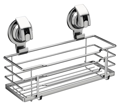 TESOT Suction Cup Shower Caddy, Shower Shelf Soap Dish with Hooks for Razor, Sponge, Rust Proof 304 Stainless Steel, Silver - Image 1