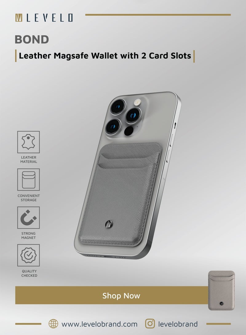 ليفيلو محفظة حامل بطاقات Bond ماج سيف/ فتحتان للبطاقات / شعار معدني مميز / جلد سافيانو أصلي - رمادي - Image 2