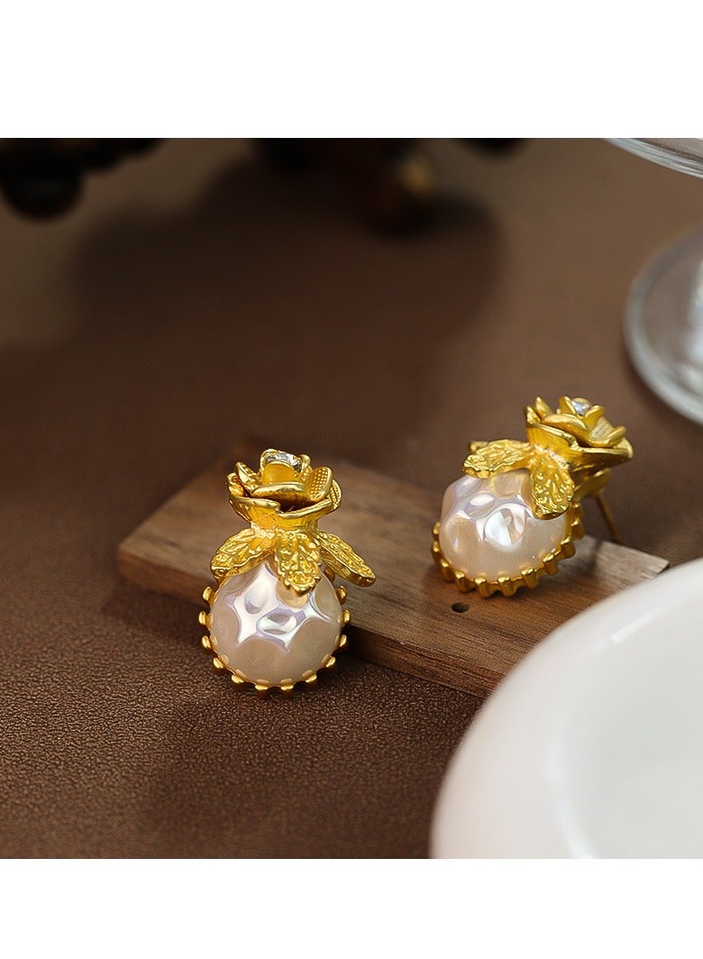 Gold Rose Top with Textured Pearl Drop Earrings, Perfect for Weddings, Eid, Garden Parties & Evening Events - Image 2