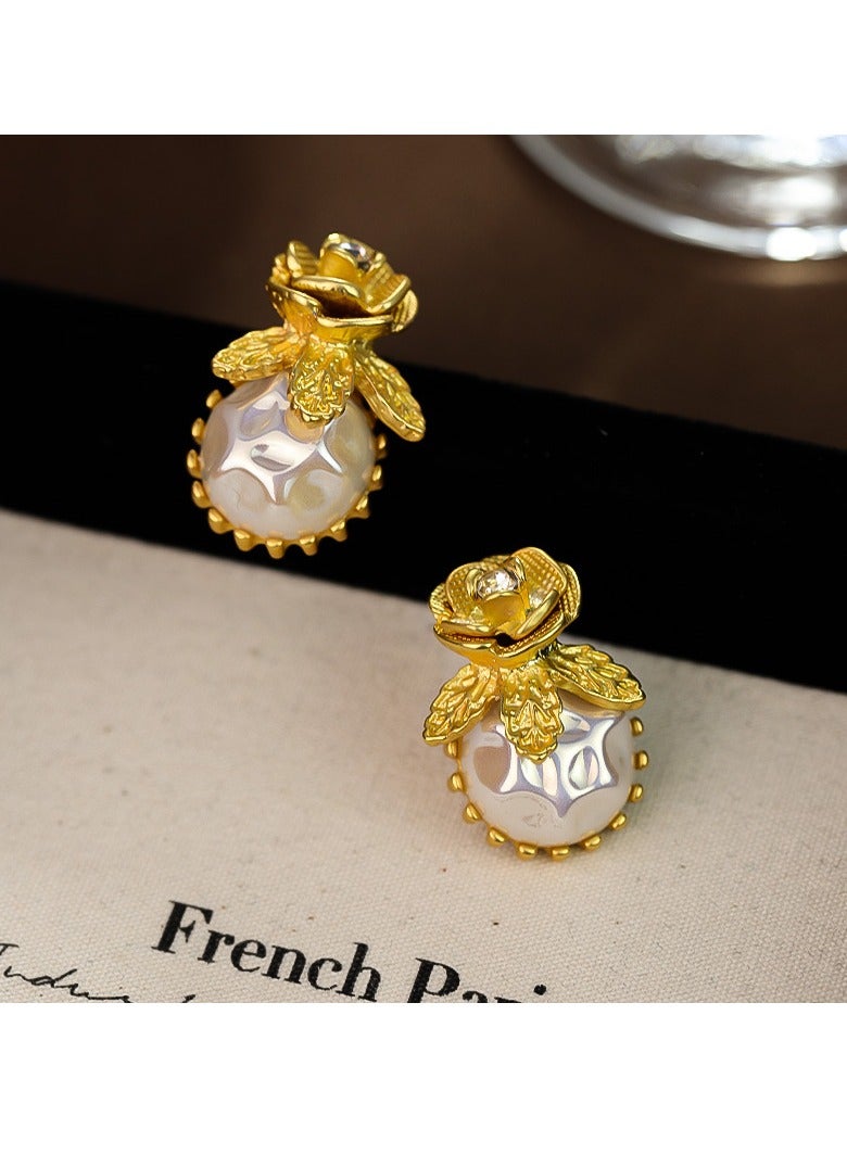 Gold Rose Top with Textured Pearl Drop Earrings, Perfect for Weddings, Eid, Garden Parties & Evening Events - Image 3
