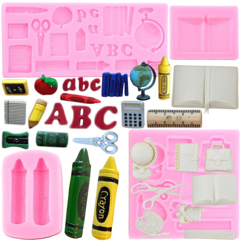 Mujiang Back to School Silicone Molds School Bag Book Scissor Drawing Palette Crayon Fondant Molds For Cake Decorating Cupcake Topper Candy Chocolate Gum Paste Set Of 4