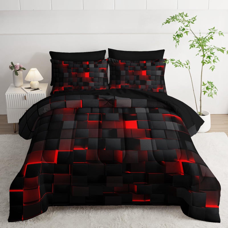 Nttopship Geometric Red Black Full Comforter Set,Light Honeycomb Bedding Set 7 Piece in A Bag,Bed Sheet Set Geometry Decor,Microfiber Lightweight All Season - Image 1