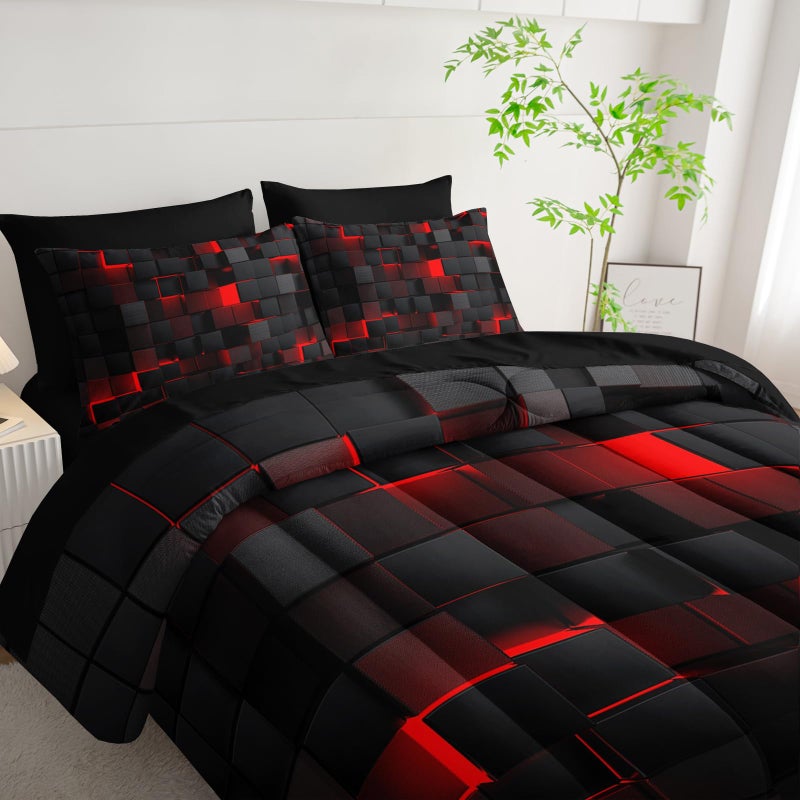 Nttopship Geometric Red Black Full Comforter Set,Light Honeycomb Bedding Set 7 Piece in A Bag,Bed Sheet Set Geometry Decor,Microfiber Lightweight All Season - Image 3