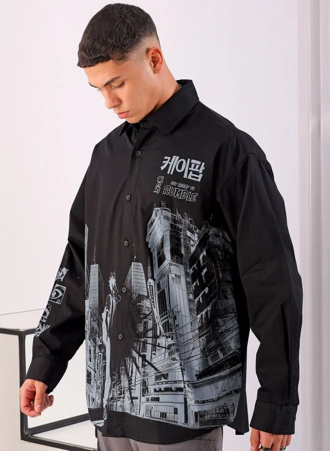 شركة المرآب الهندية Men Oversized Anime Print Full Sleeves Cutaway Collar Street Wear Shirt