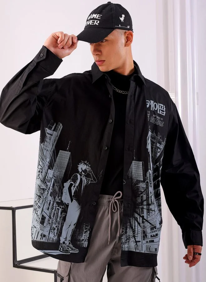 شركة المرآب الهندية Men Oversized Anime Print Full Sleeves Cutaway Collar Street Wear Shirt
