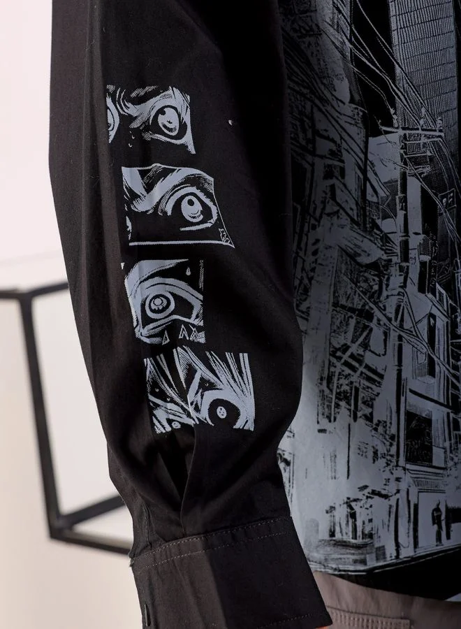 شركة المرآب الهندية Men Oversized Anime Print Full Sleeves Cutaway Collar Street Wear Shirt