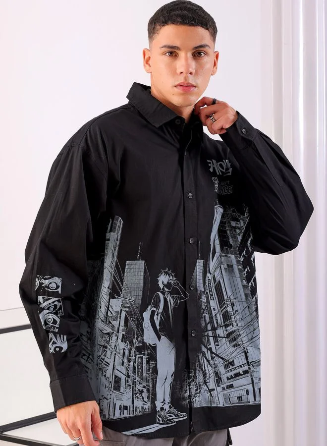شركة المرآب الهندية Men Oversized Anime Print Full Sleeves Cutaway Collar Street Wear Shirt