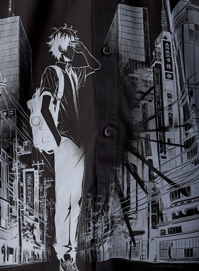 شركة المرآب الهندية Men Oversized Anime Print Full Sleeves Cutaway Collar Street Wear Shirt