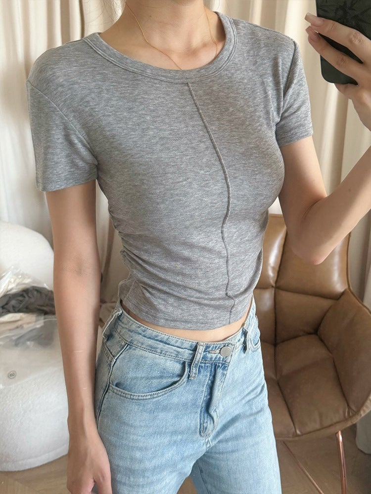 Slim T Tencel Wool T-Shirt Women'S Right Shoulder Short Sleeve Gray Small Round Neck Bottoming Top Elastic - Image 2