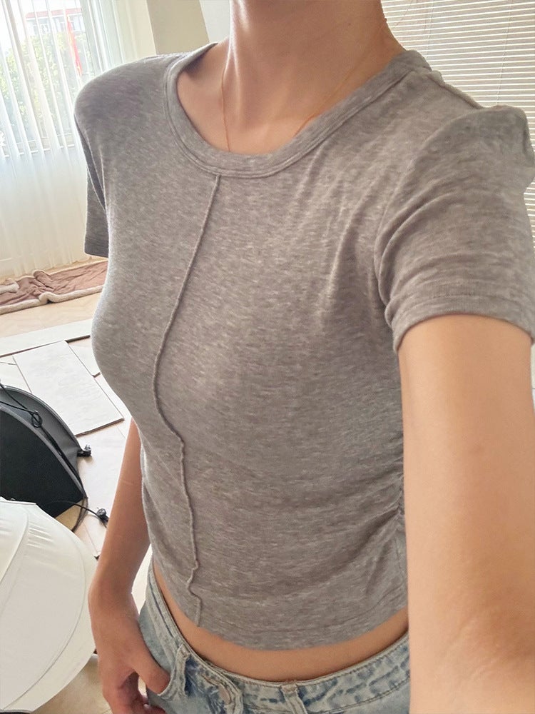 Slim T Tencel Wool T-Shirt Women'S Right Shoulder Short Sleeve Gray Small Round Neck Bottoming Top Elastic - Image 3