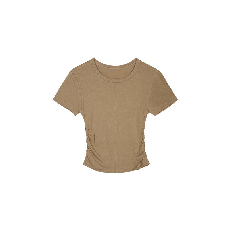 Slim T Tencel Wool T-Shirt Women'S Right Shoulder Short Sleeve Gray Small Round Neck Bottoming Top Elastic - Image 1