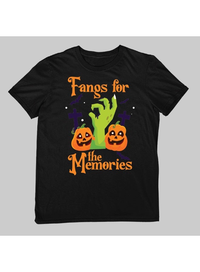 Halloween Fangs for the Memories Pun Shirt T-Shirt - Short Sleeve Unisex Couples Casual Wear, Cute and Trendy Pure Cotton Top Black